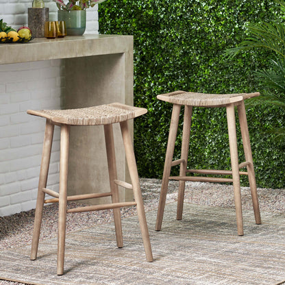 Dade Pulaski Outdoor Acacia Wood Barstool with Wicker, Set of 2