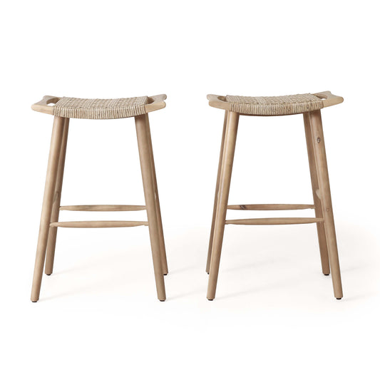 Dade Pulaski Outdoor Acacia Wood Barstool with Wicker, Set of 2