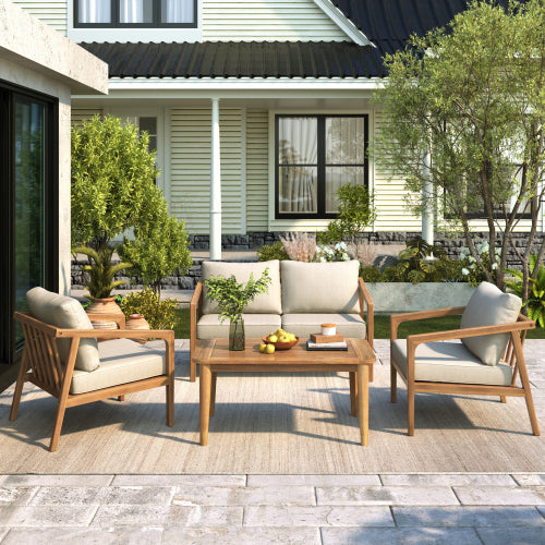 Lyrana Outdoor Acacia Wood Loveseat,Club Chairs and Coffee Table Set with Cushions