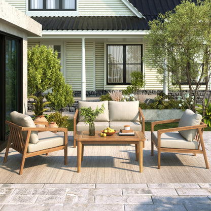 Lyrana Outdoor Acacia Wood Loveseat,Club Chairs and Coffee Table Set with Cushions