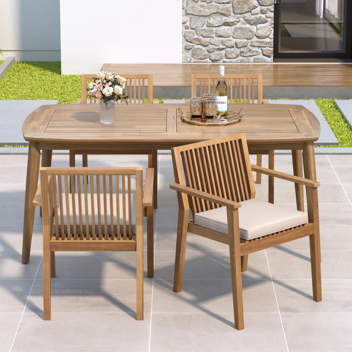 Junosila 5-Piece Acacia Wood Outdoor Dining Set - 70.75" Table & 4 Chairs with Cushions