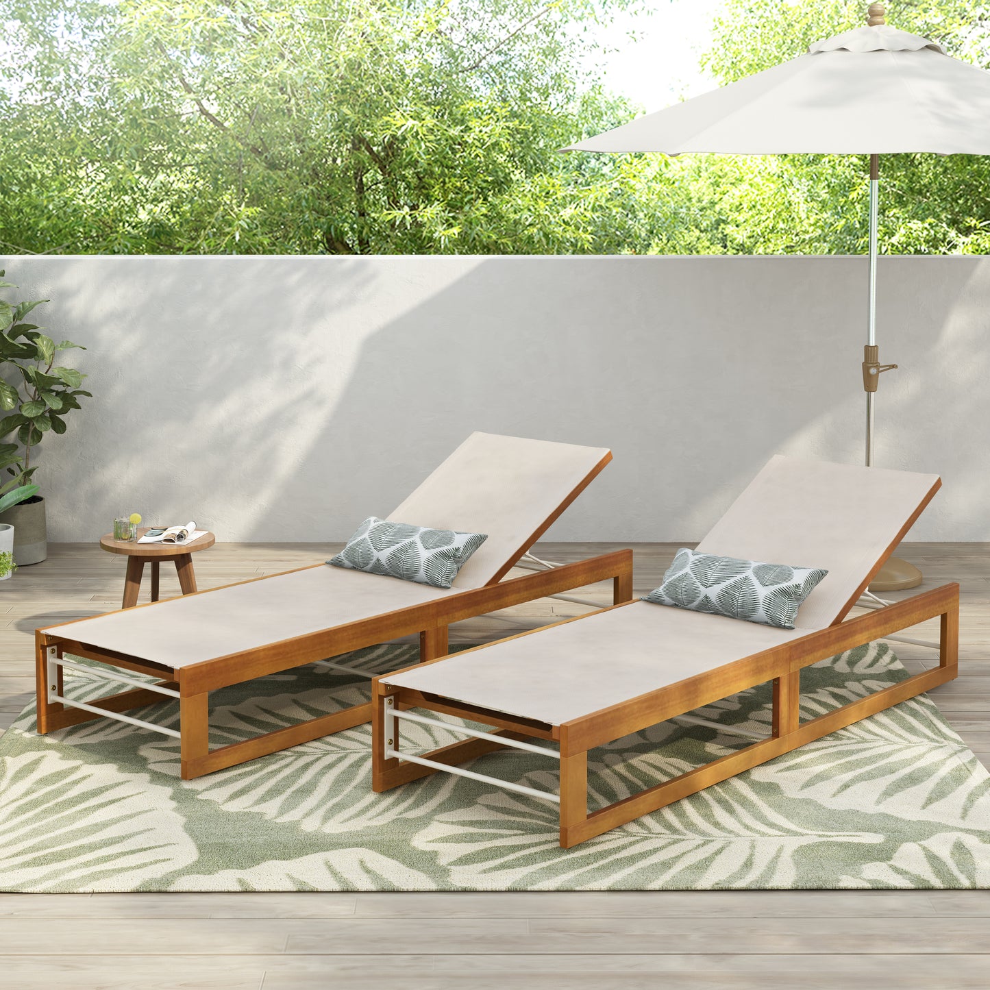Leavitt Outdoor Mesh and Wood Adjustable Chaise Lounges, Set of 2