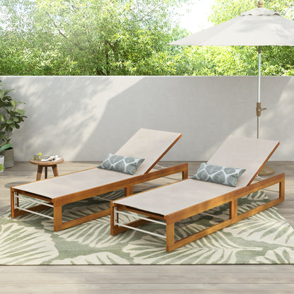 Leavitt Outdoor Mesh and Wood Adjustable Chaise Lounges, Set of 2