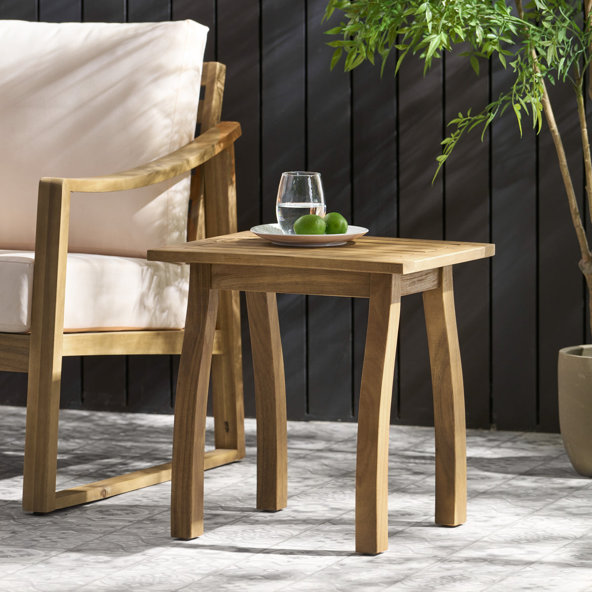 Amity  Selma Acacia Wood Outdoor Side Table, Decorative Rectangular Small Accent Table, Weather Resistant Patio End Table for Balcony Beach Pool Side, Slatted Design, Natural Stained