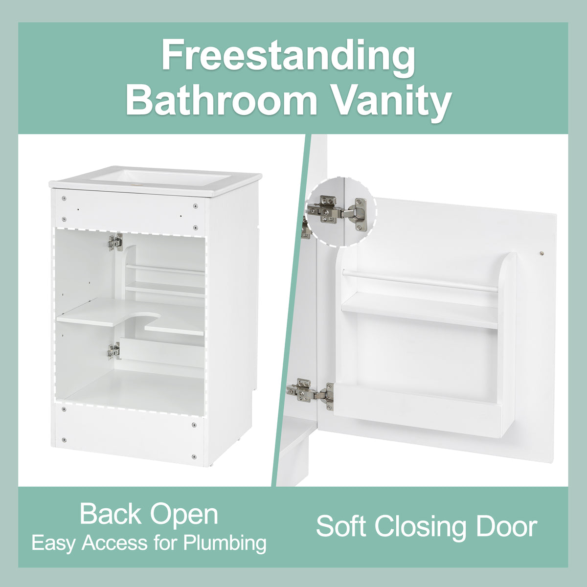 Effervescent Vanes Wood Frame 20" Bathroom Vanity with Ceramic Sink, Cabinet with Soft-Closing Door Shelf and Adjustable Shelf, Open Back, Metal Hardware, Storage/Organizer, White