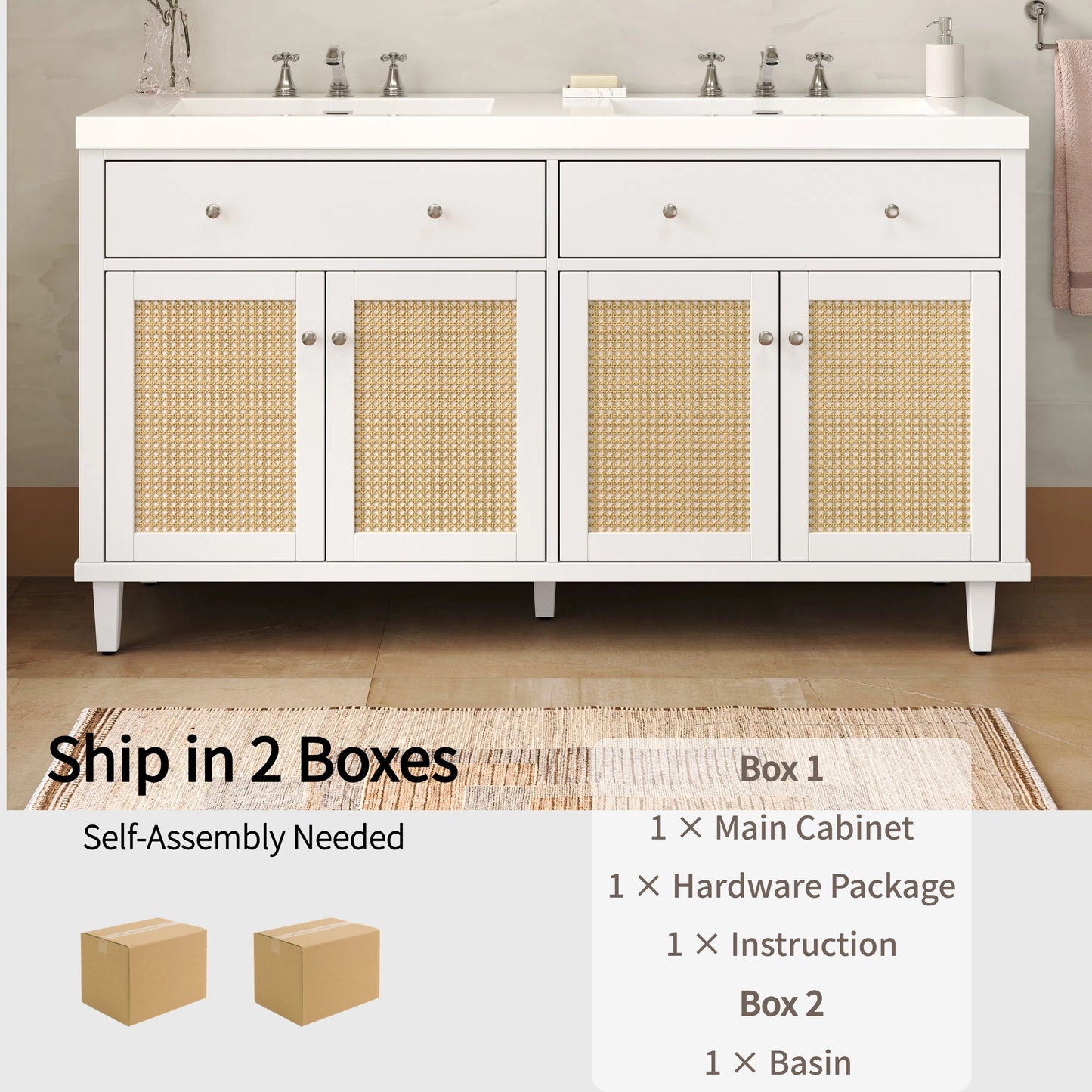 Silas 60 Inch Bathroom Vanity with Double Sink ( SMC Sink ), Large Storage Space