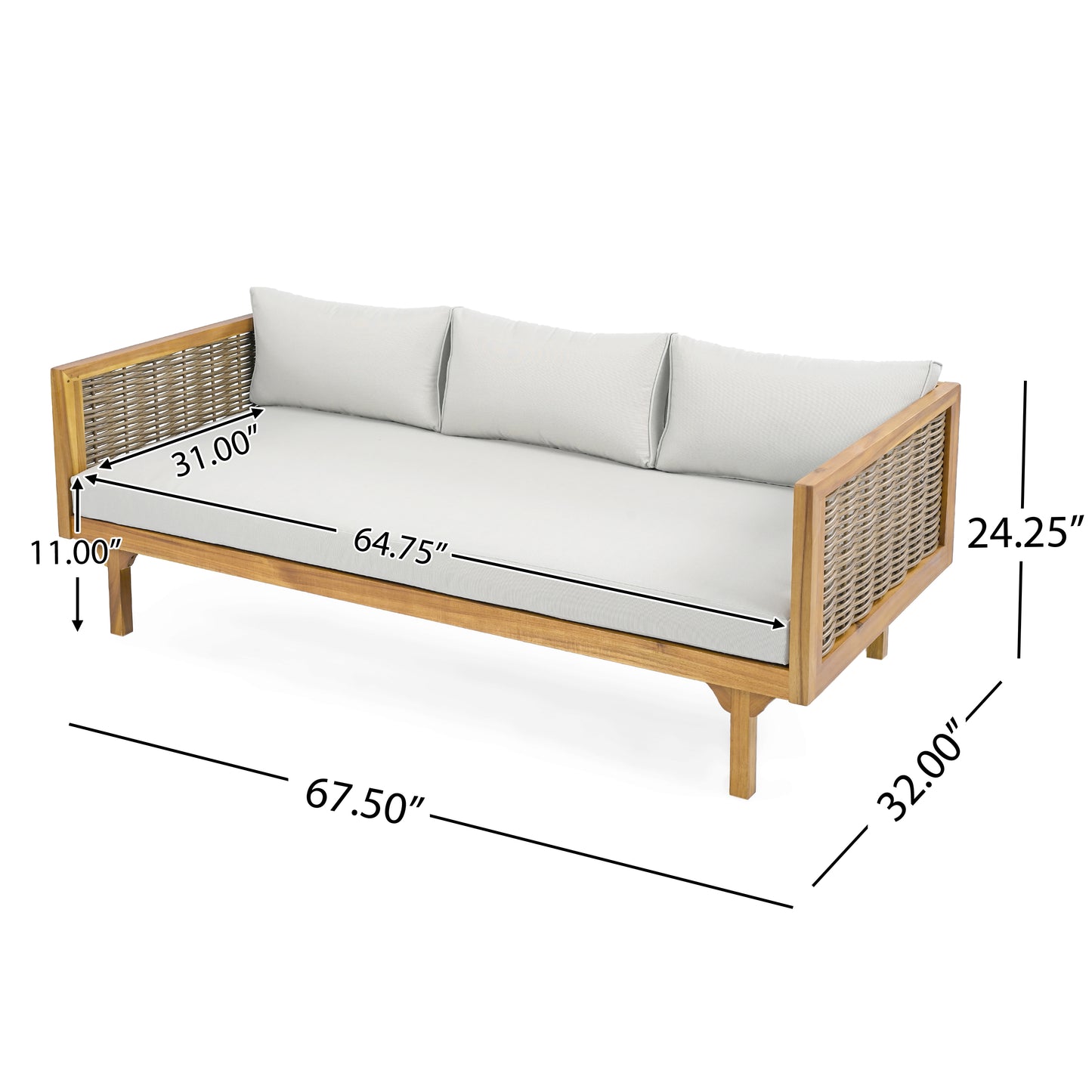 Xenath Outdoor Patio Furnitre Sets 3 Pieces,3 Seater Daybed With Rattan Arms  + Acacia Wood Table