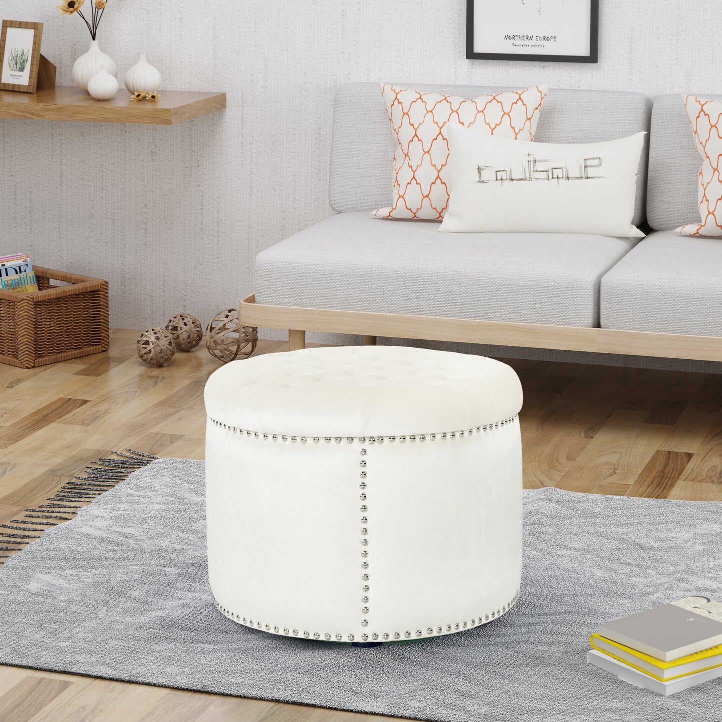 Peregrine Light luxury retro rivet decorative velvet ottoman, round cushioned stool