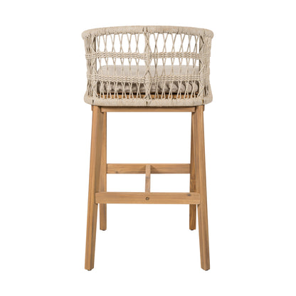 Lagunar Outdoor Wood and Rope Barstool, Teak Finished Wood with Cushion, Set of 2