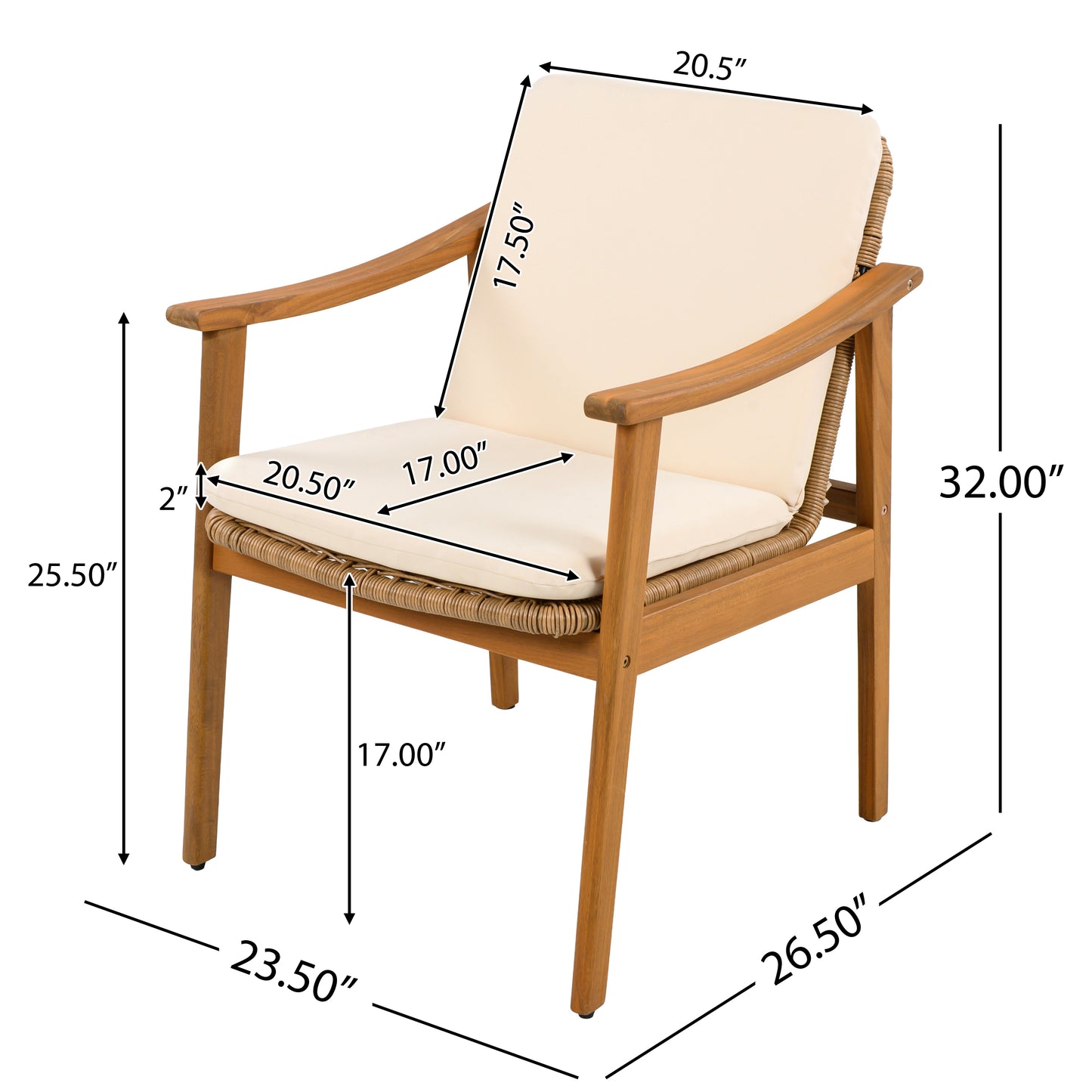Demorivor Outdoor Dining Chairs Set of 2, Teak Color Acacia Wood Frame,Waterproof Cushion