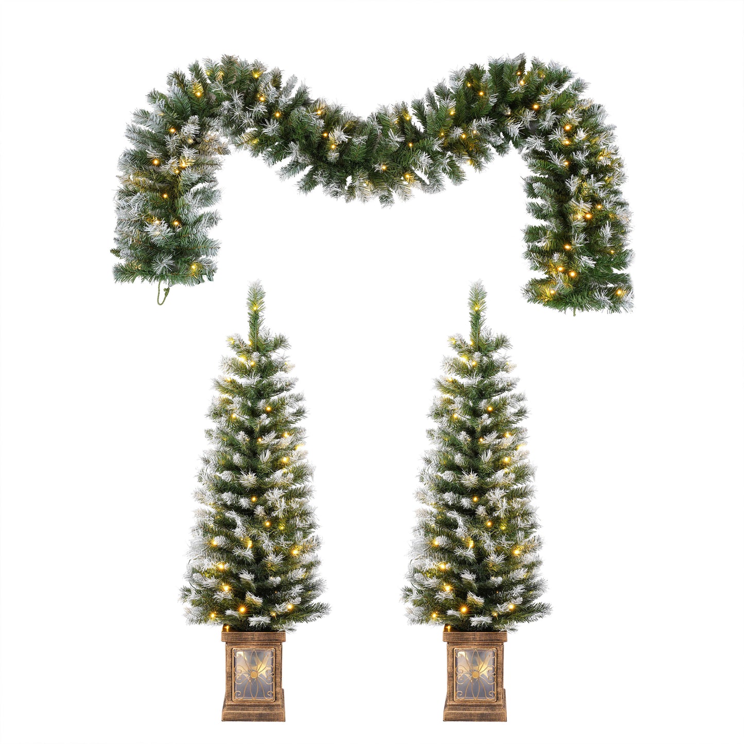 Pereg Artificial Christmas 3-Piece Set Wreath and Set of 2 Entrance Trees X-mas with LED Lights Easy Assembly