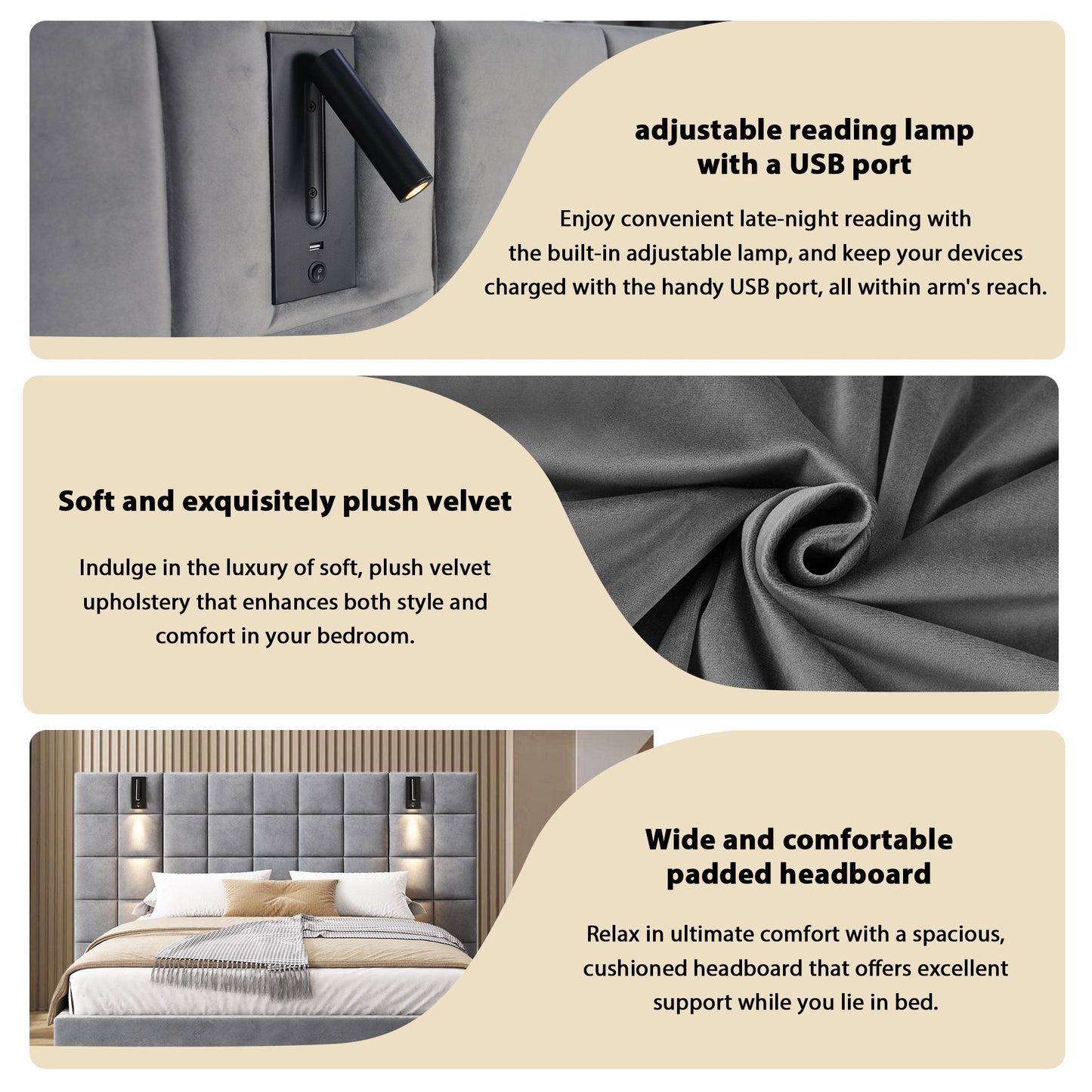 Elara Upholstered bed,with reading lamp and USB port, wide headboard,without bedside tables and mattress