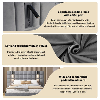 Elara Upholstered bed,with reading lamp and USB port, wide headboard,without bedside tables and mattress