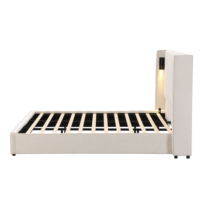 Armoire Hazel 49.20" H King Headboard Bed, Upholstered King Size Bed, Slats Panel Support Platform, No Spring Box Needed, Wingback Headboard with Reading Lamps and USB, Beige