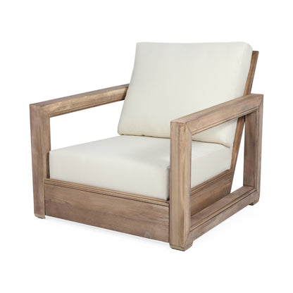 Andrae Outdoor Acacia Wood Club Chair with Cushion, Brown and Beige