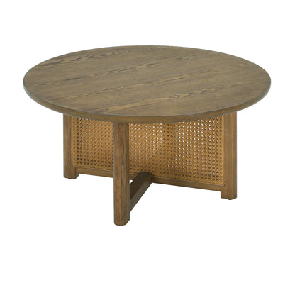 Orlenquess 32'' Rattan Coffee Table, Round Rattan Woven Wood Coffee Table