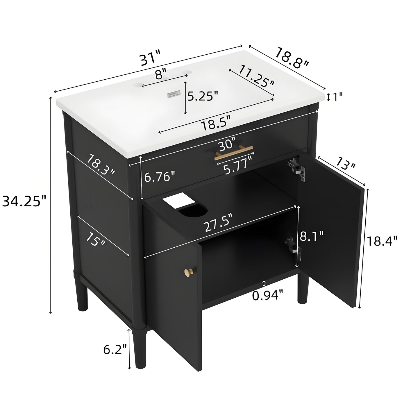 MuKi 31" Bathroom Vanity with Sink, Bathroom Cabinet with Soft Close Doors and Adjustable Shelf