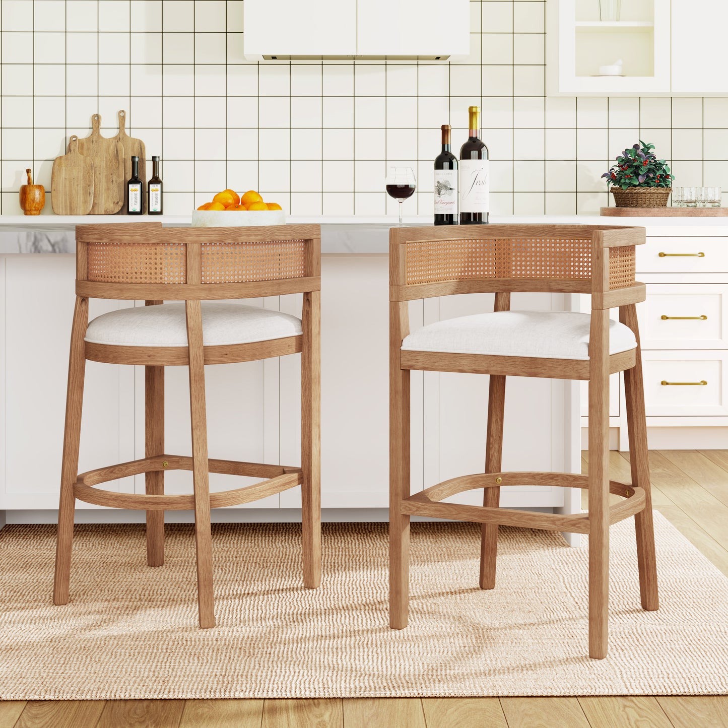 Tiberius Wood And Rattan Upholstered Arm Bar Stools,Set of 2