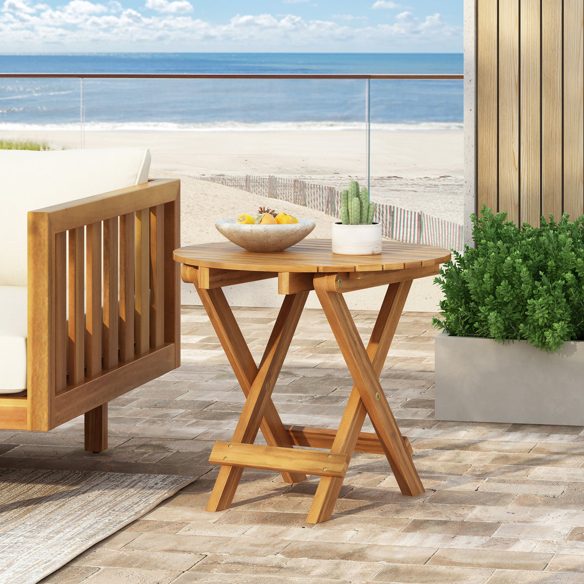 Aurl 17.75" W Outdoor Acacia Wood Side Table, Round End Table, Slats Panel Design, Foldable and Adjustable Small Coffee Desk, Sofa Side Desk, No Assembly Needed, 175lbs Teak