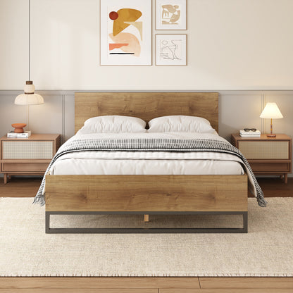 Ketura Two-Tone Aesthetic Engineered Wood Bed Frame in Natural Wood Grain and Matte Black Metal Leg