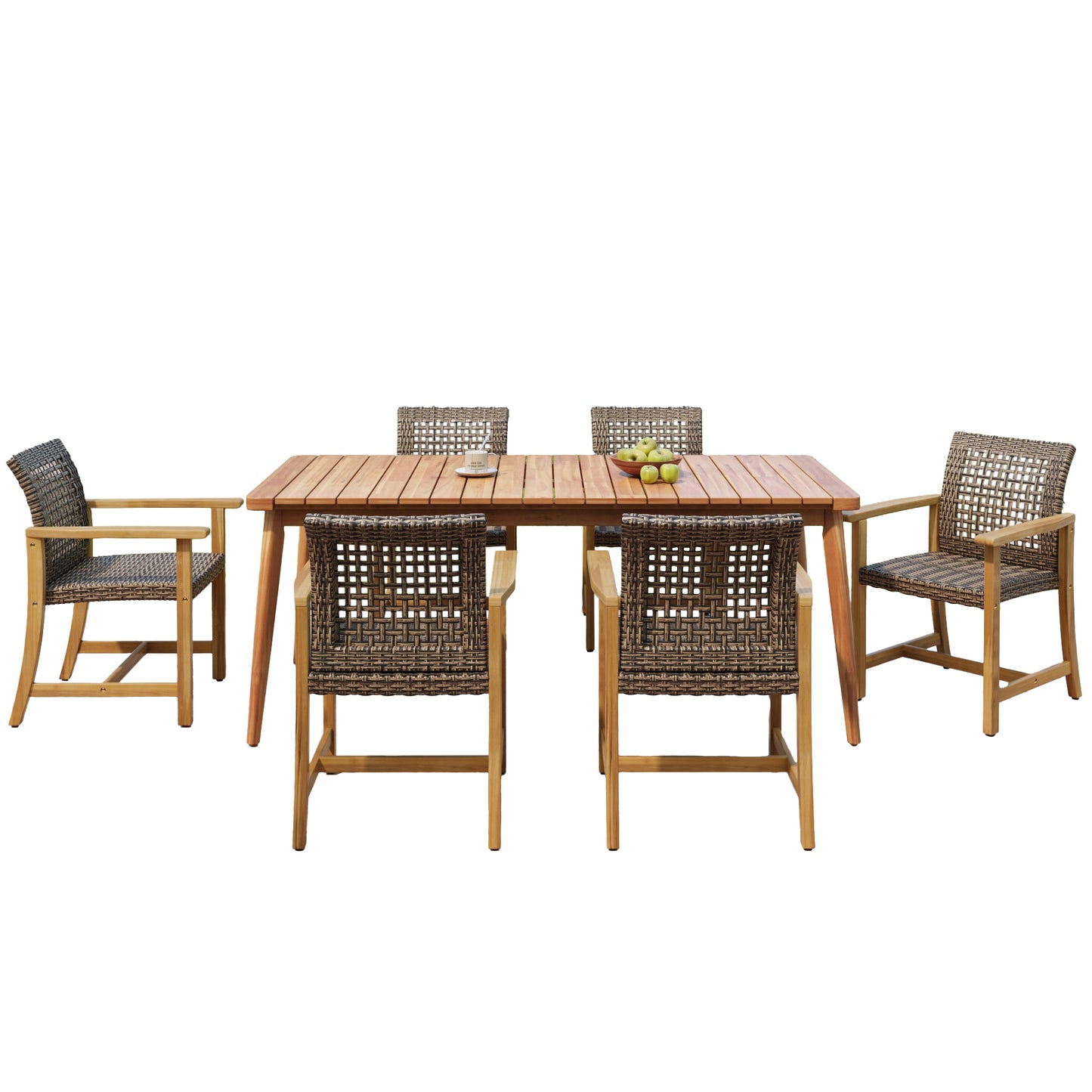 Hawk 7-Piece Patio Dining Set, 72" Slatted Table & 6 Acacia Wood & PE Rattan Chairs