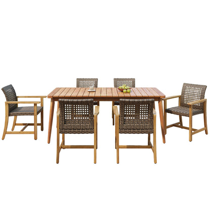 Hawk 7-Piece Patio Dining Set, 72" Slatted Table & 6 Acacia Wood & PE Rattan Chairs