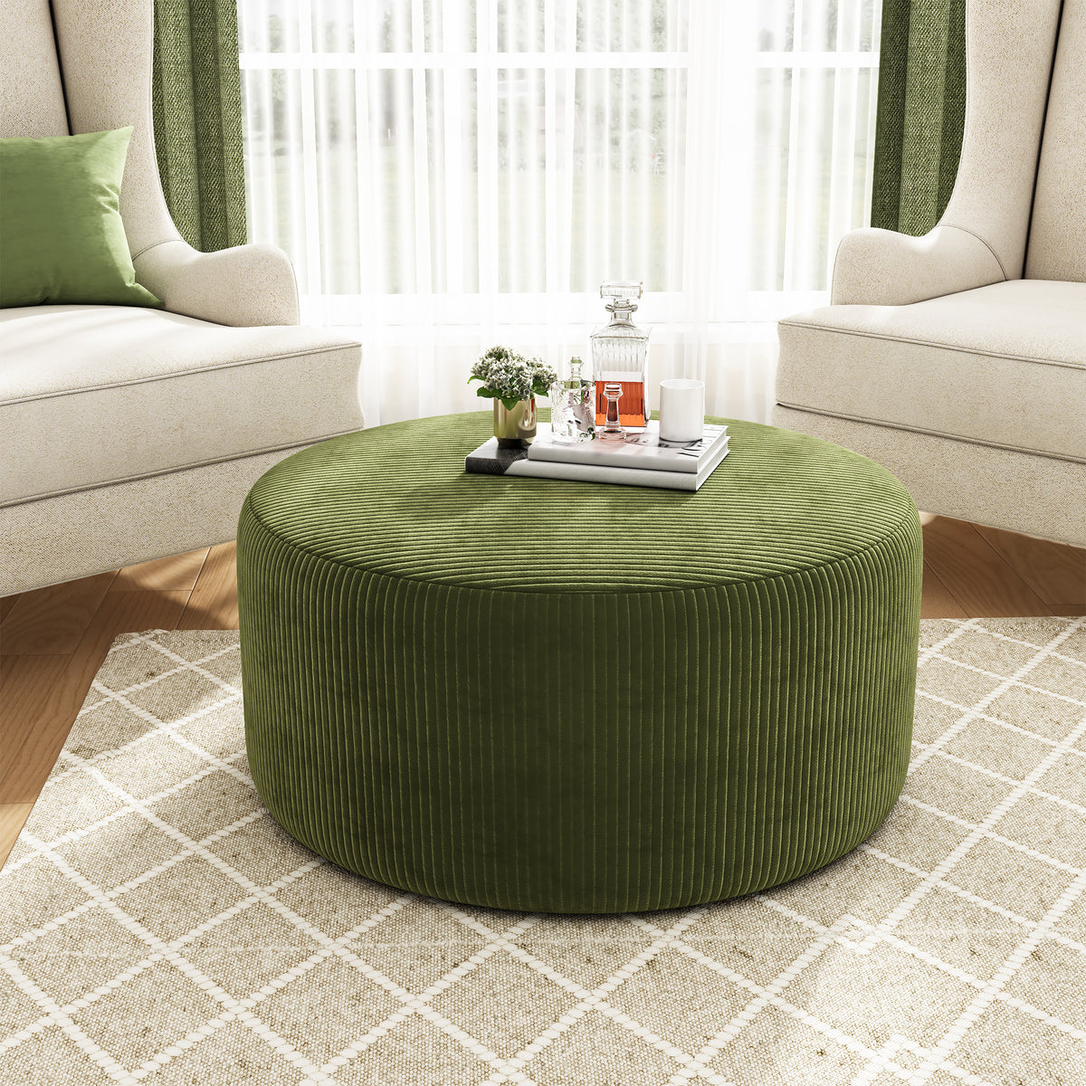 Harbinger GAVI Corduroy Ottoman Foot Stool, 30" Pouf Footstool Ottoman Seat, Upholstered Foot Chair, Round Footrest, Modern Side Table for Living Room Bedroom Home Decor, Olive Green