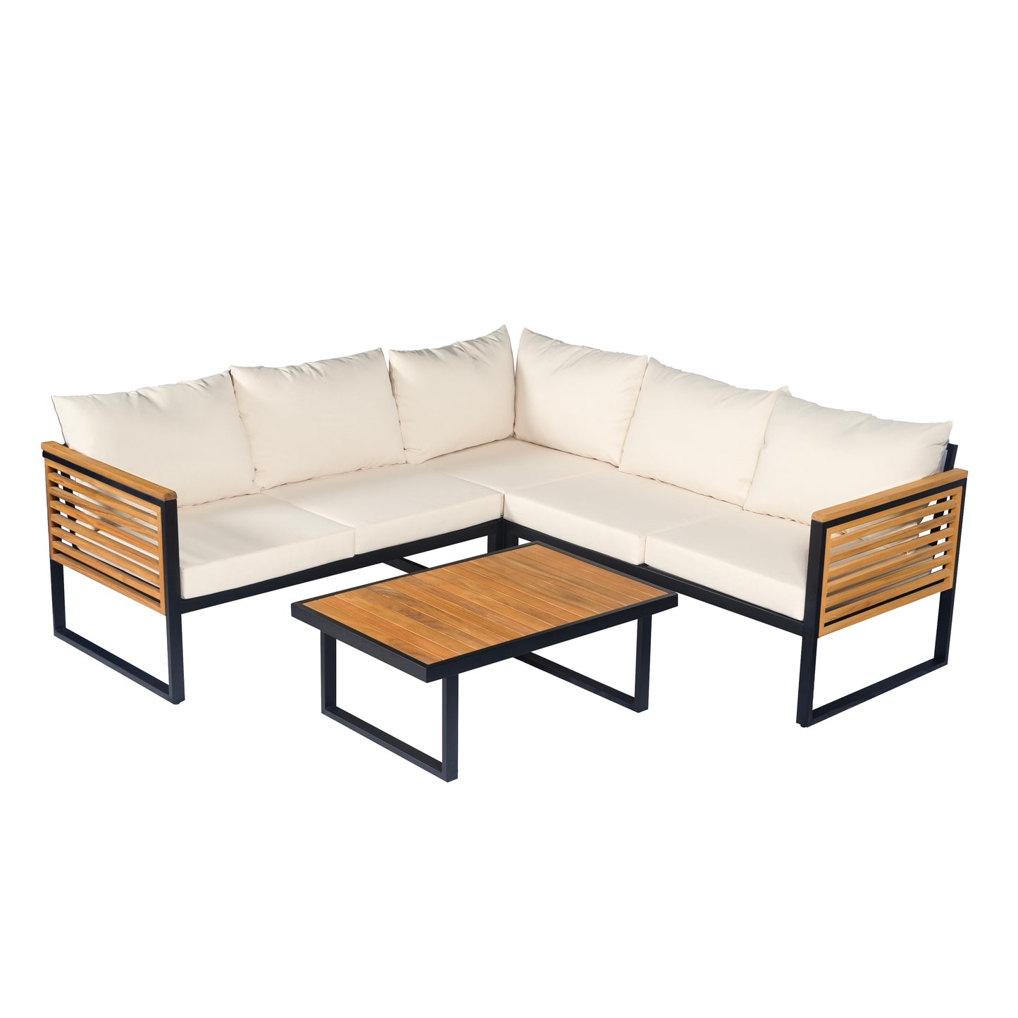 Ezra Outdoor 4-piece Acacia Wood and Metal Patio Sofa Corner Set