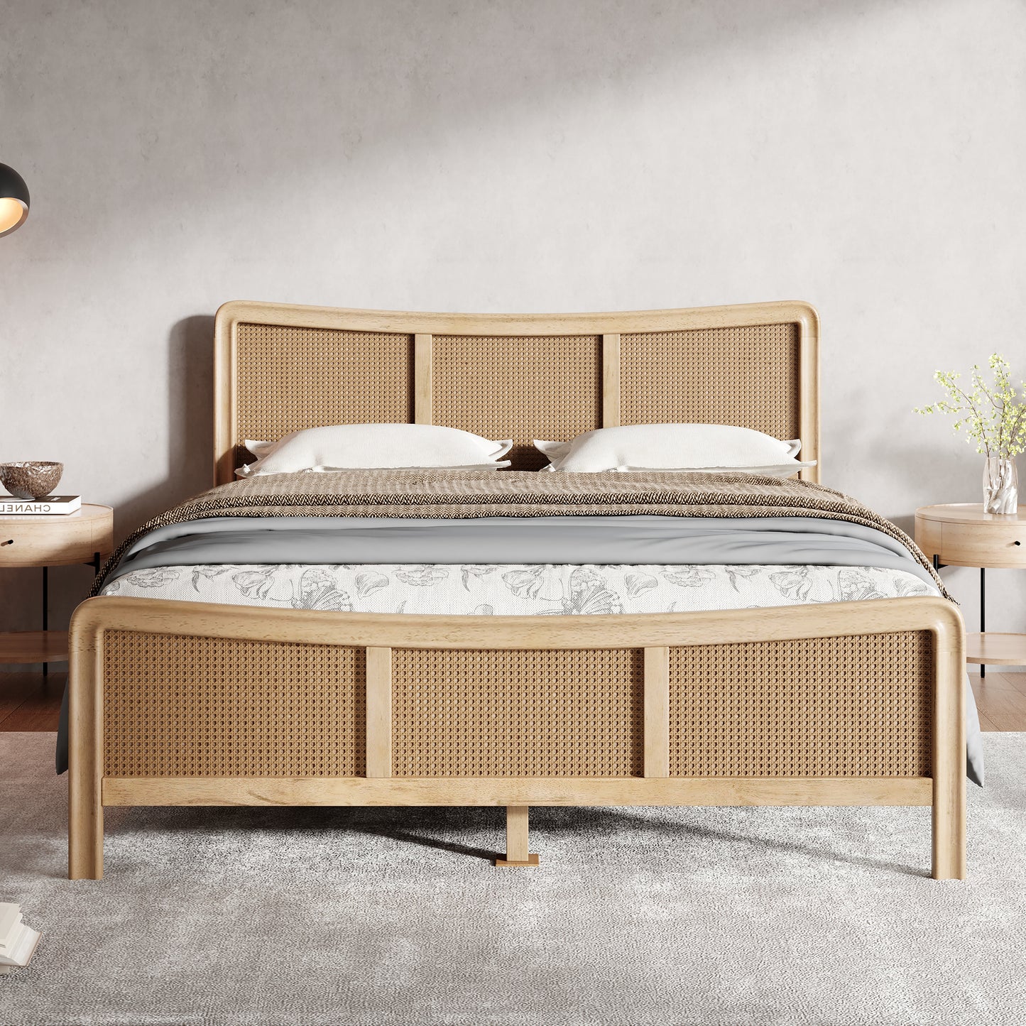 Ravosilor Curved Wooden Bed Frame with Nature Rattan Headboard&Footboard