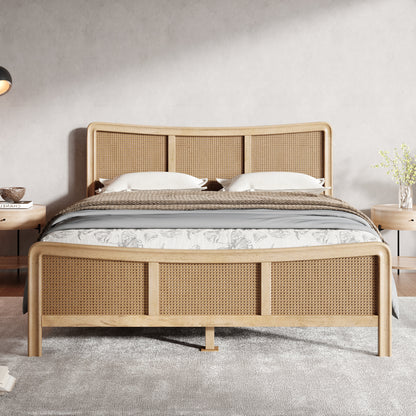 Ravosilor Curved Wooden Bed Frame with Nature Rattan Headboard&Footboard