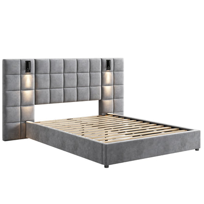 Elara Upholstered bed,with reading lamp and USB port, wide headboard,without bedside tables and mattress