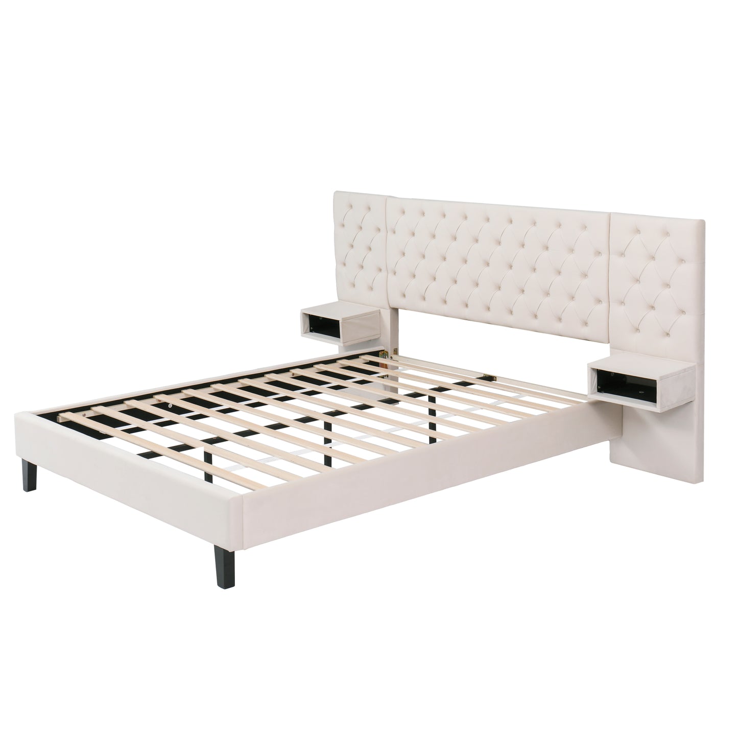 Meridia Platform Bed with Headboard, Modern Velvet Upholstered Platform Bed with 2 Nightstands, with diamond tufted