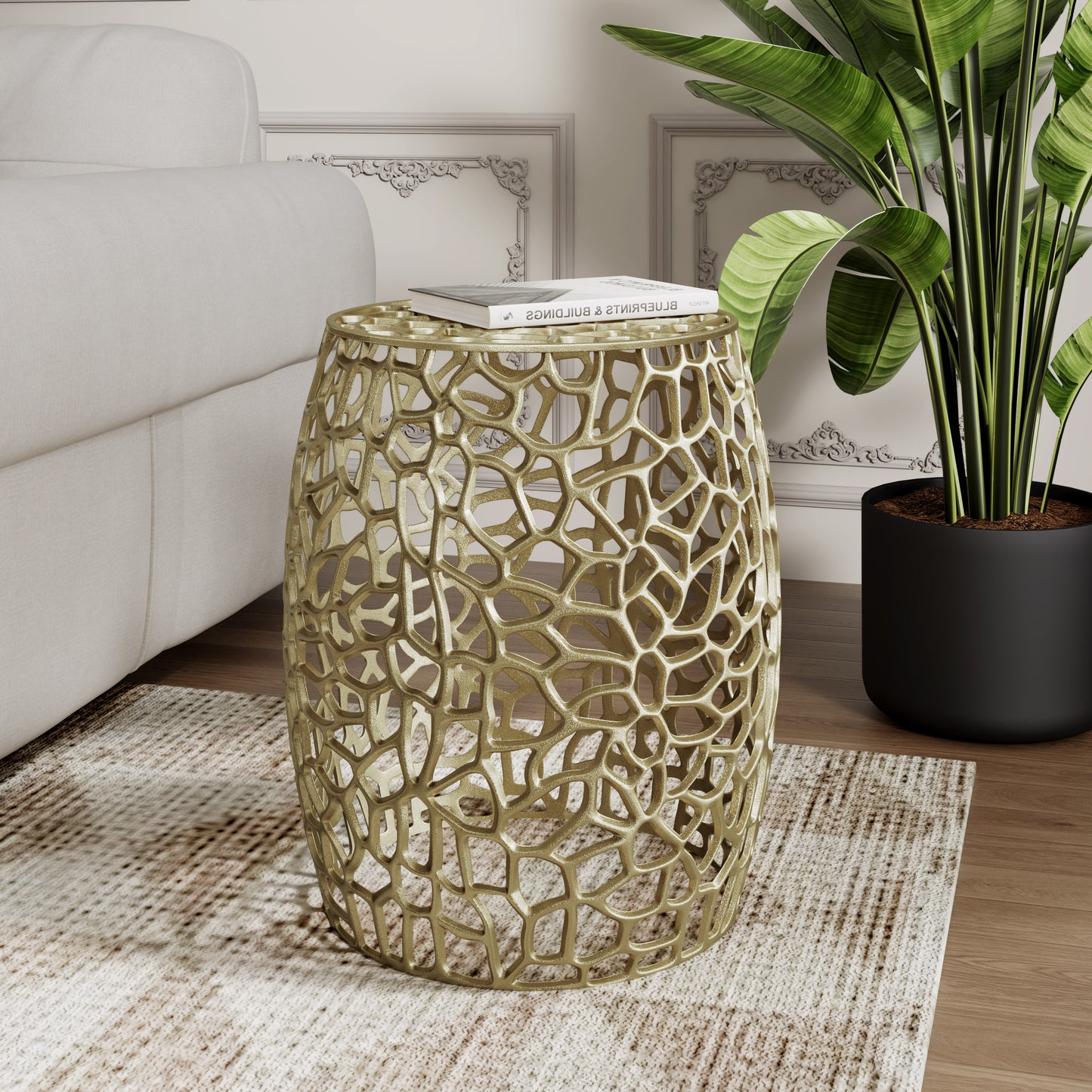 Saga Aluminum Drum hollow End Table with Intricate Design