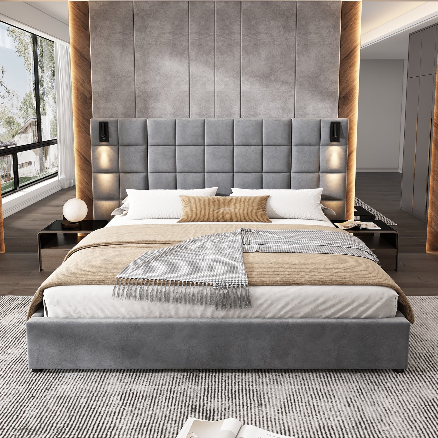 Elara Upholstered bed,with reading lamp and USB port, wide headboard,without bedside tables and mattress