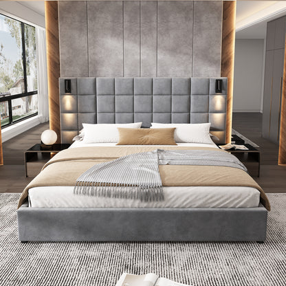 Elara Upholstered bed,with reading lamp and USB port, wide headboard,without bedside tables and mattress