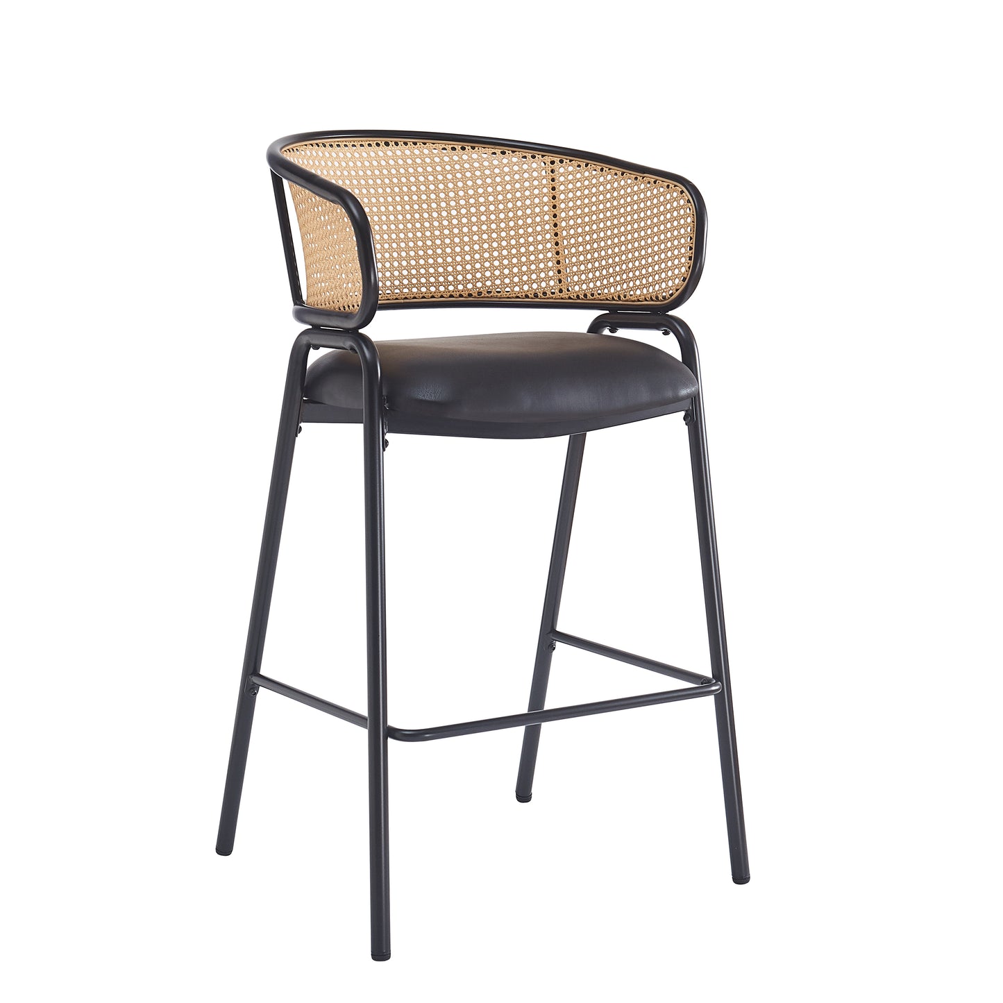 Eathan Indoor Metal PU Leather Barstool, Wowen Rattan Backrest, Set of 2