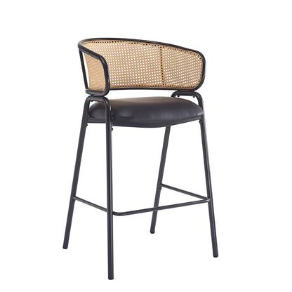 Eathan Indoor Metal PU Leather Barstool, Wowen Rattan Backrest, Set of 2