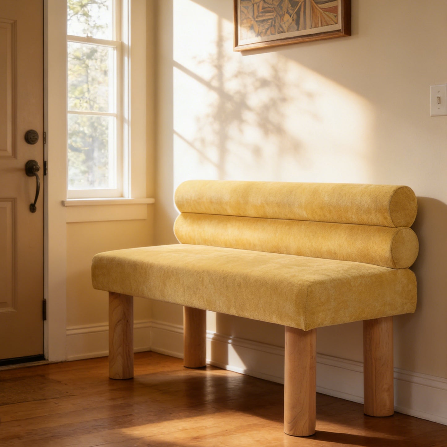 Thorne Upholstered Dining Bench with Backrest, Fabric Entryway Ottoman, Rubber Wood Legs, 300lbs Capacity