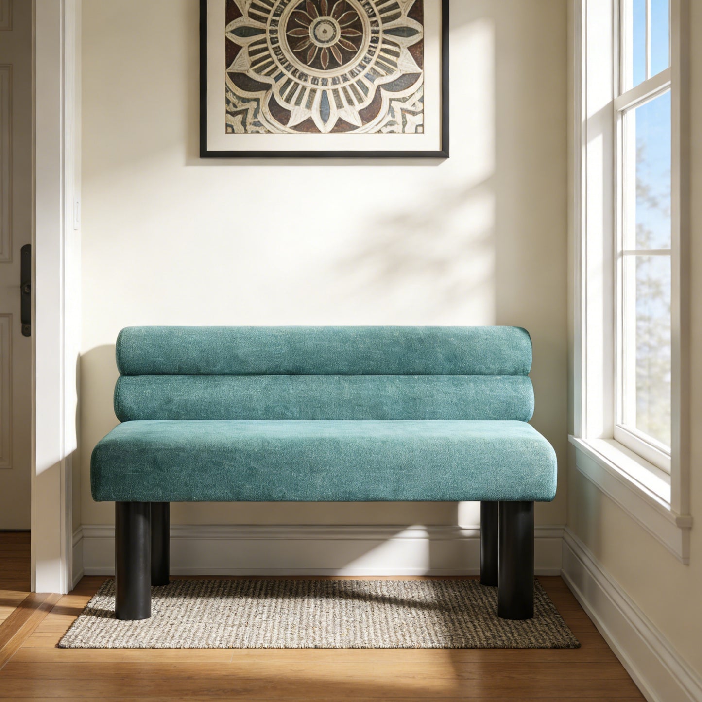 Thorne Upholstered Dining Bench with Backrest, Fabric Entryway Ottoman, Rubber Wood Legs, 300lbs Capacity