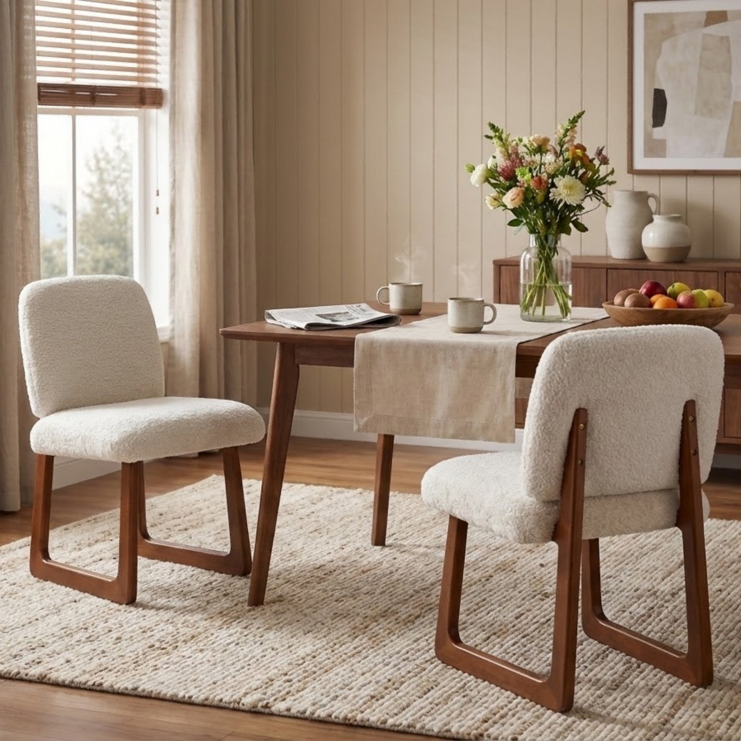 Elowen Dining Chair Set of 2, Plush Boucle Fabric Upholstered Chairs with Curved Wooden Legs, Beige & Brown, 300lbs Capacity