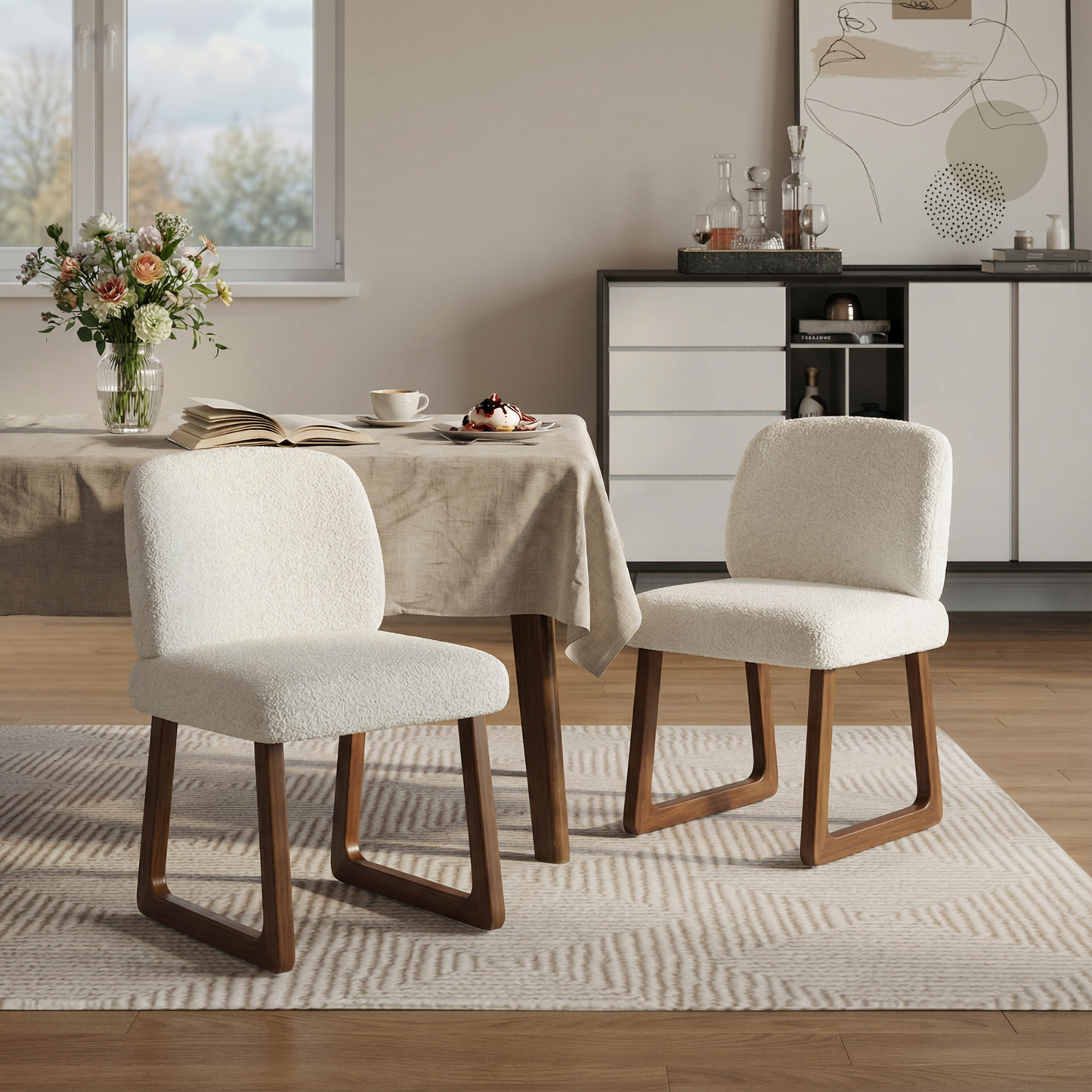 Elowen Dining Chair Set of 2, Plush Boucle Fabric Upholstered Chairs with Curved Wooden Legs, Beige & Brown, 300lbs Capacity