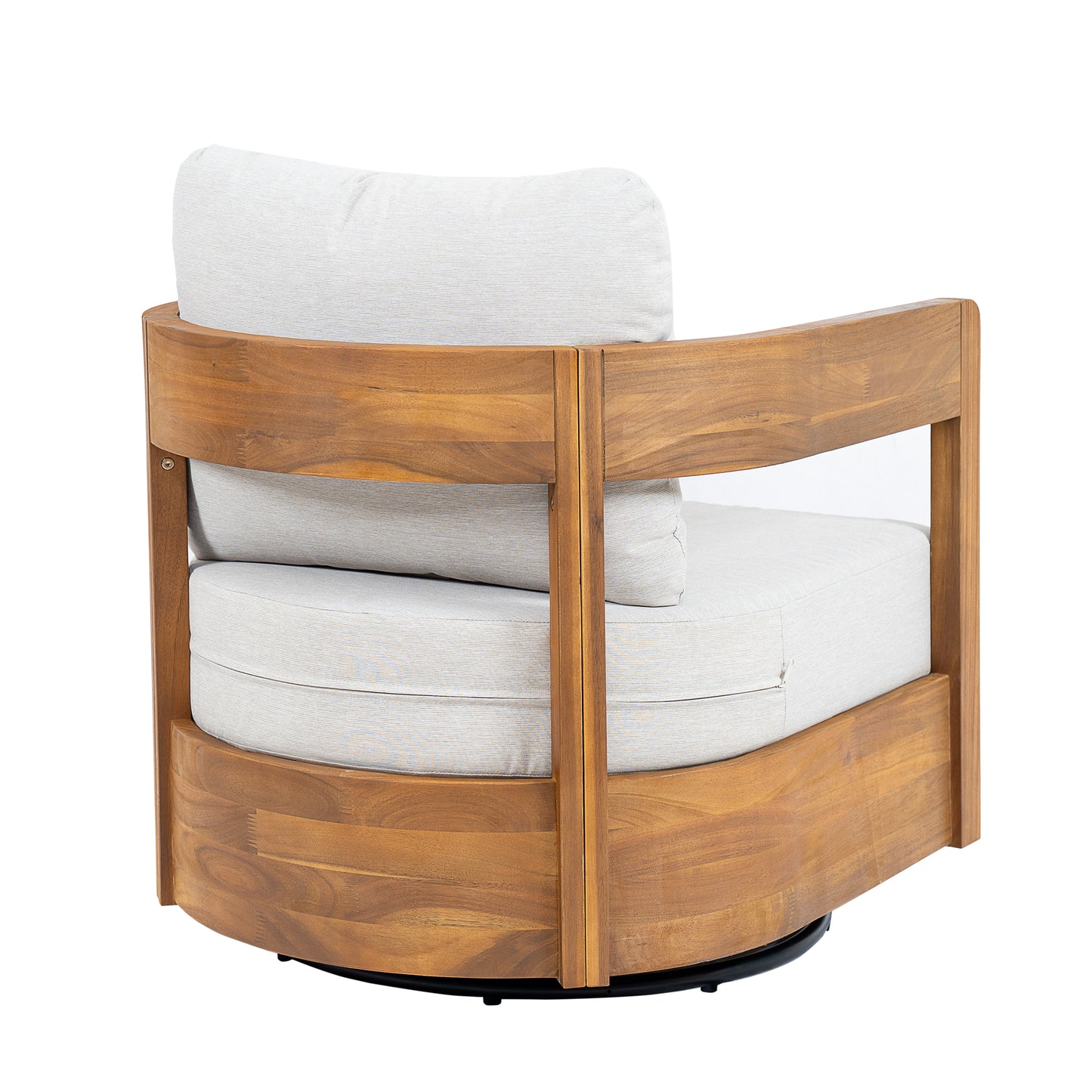 Loveday Wood Outdoor Swivel Club Chair – Ethereal Weather-Resistant Finish with Plush Beige Cushions for Tranquil Patio Lounging