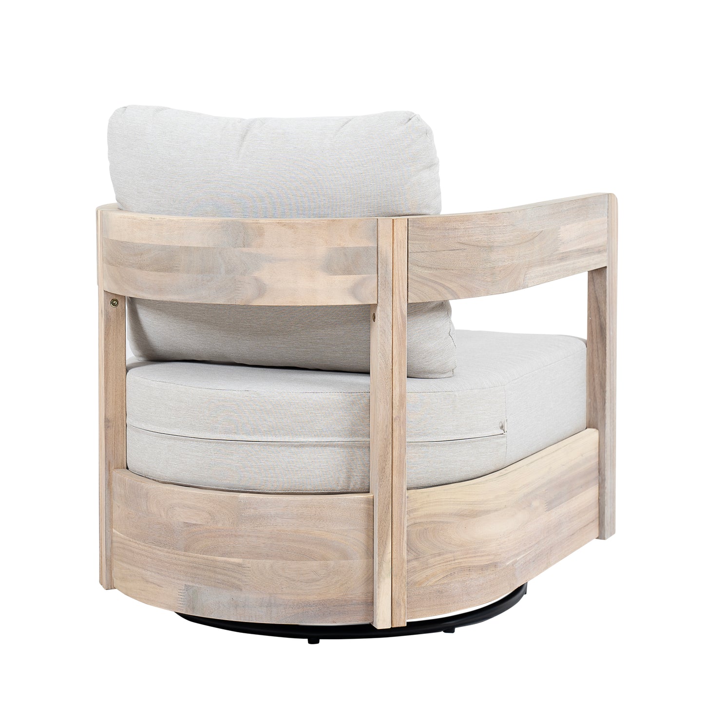 Loveday Wood Outdoor Swivel Club Chair – Ethereal Weather-Resistant Finish with Plush Beige Cushions for Tranquil Patio Lounging