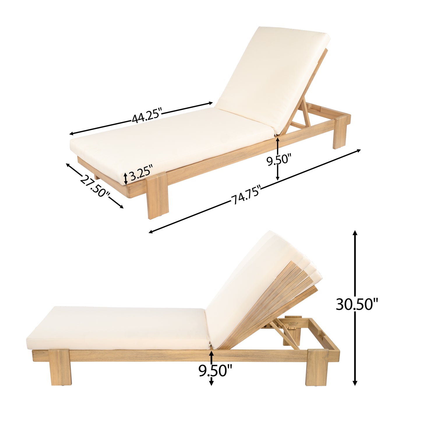 Enchang Outdoor Acacia Wood Chaise Lounge, Teak Frame, with Cushion