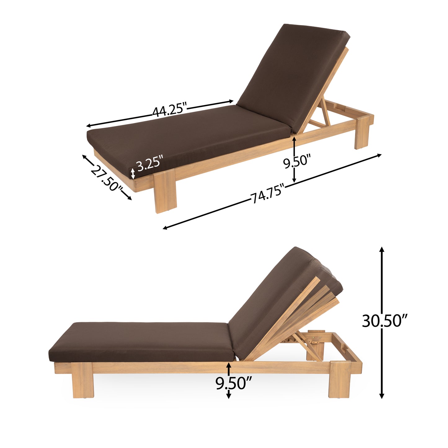 Enchang Outdoor Acacia Wood Chaise Lounge, Teak Frame, with Cushion