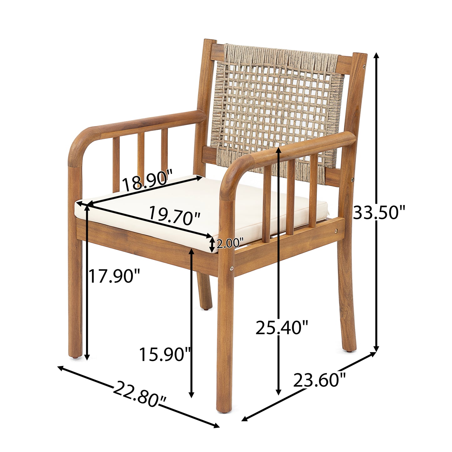 Kiyana Porto Outdoor Dining Chair Set of 2, Acacia Wood and PE Rattan Frame, Waterproof Fabric Cushions, Modern Patio Dining Armchairs