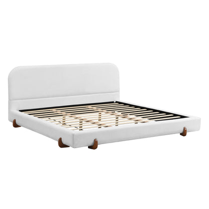 Maren Unique Design, White Fabric and Solid Wood Legs Upholstered Bed Frame