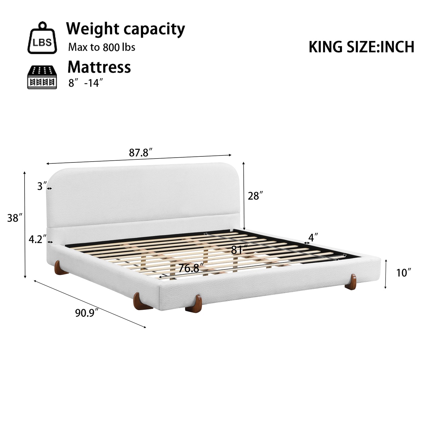 Maren Unique Design, White Fabric and Solid Wood Legs Upholstered Bed Frame