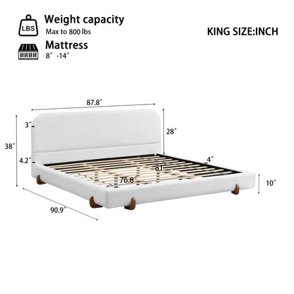 Maren Unique Design, White Fabric and Solid Wood Legs Upholstered Bed Frame