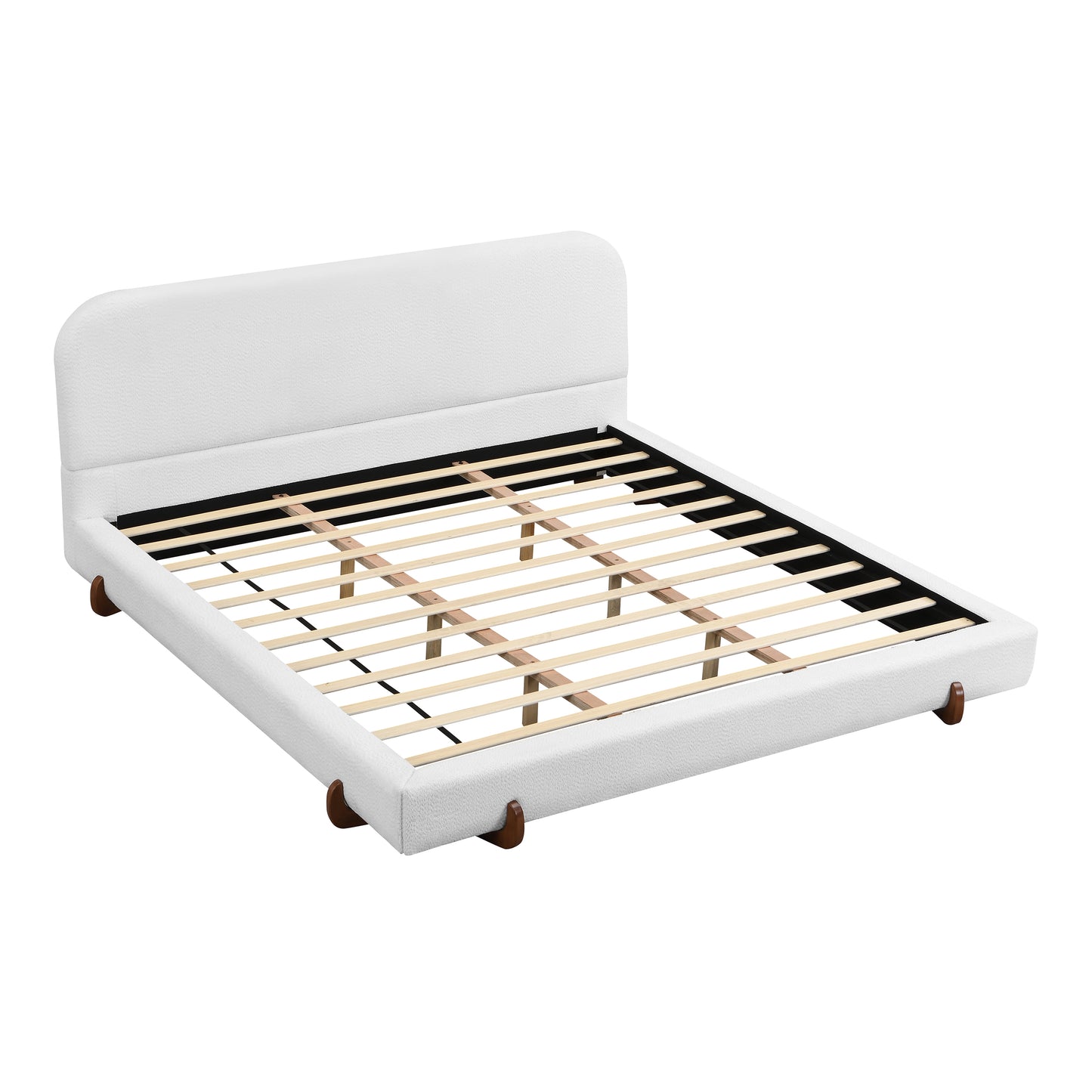 Maren Unique Design, White Fabric and Solid Wood Legs Upholstered Bed Frame